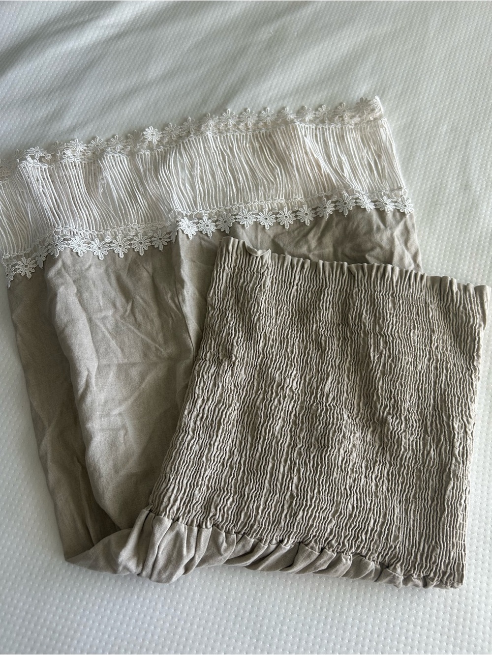 Vintage 100% Linen Beige Textured & Lace Trim Midi Dress - Neutral Beige - Picture 3 of 8